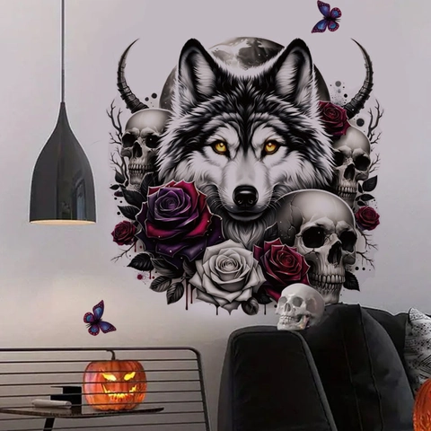 Gothiek Halloween Muursticker Verwijderbaar PVC Wolf Spin Vleermuis Schedel Roos Decor Voor Woonkamer Slaapkamer Donkere Esthetiek