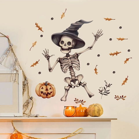 Halloween Skelett Hexenhut Kürbis Wandtattoo PVC Selbstklebend Abnehmbarer Aufkleber Für Wohnzimmer Schlafzimmer Deko