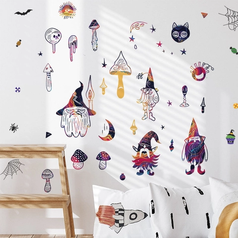 Halloween Wandaufkleber Abnehmbare PVC Aufkleber Cartoon Gnom Pilz Kürbis Geist Für Wohnzimmer Schlafzimmer Dekor