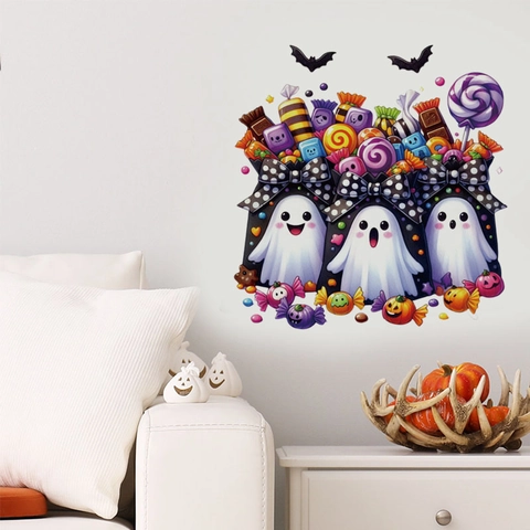 Halloween Geist Wandaufkleber Süßer Cartoon Kürbis Süßigkeiten Fledermäuse Abnehmbarer PVC Wandtattoo Für Wohnzimmer Schlafzimmer