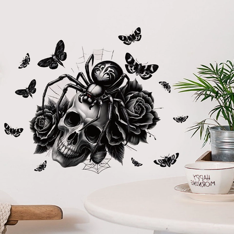 Halloween Gothic Wandtattoo PVC Abnehmbar Selbstklebend Aufkleber Totenkopf Eule Katze Rabe Mond Rose Haus Deko Wandkunst