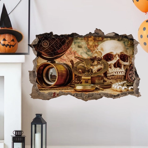 Sticker Mural 3D Halloween Effet Mur Brisé Crâne Effrayant Carte Nautique Cave Horreur Chouette Décalcomanie PVC Amovible