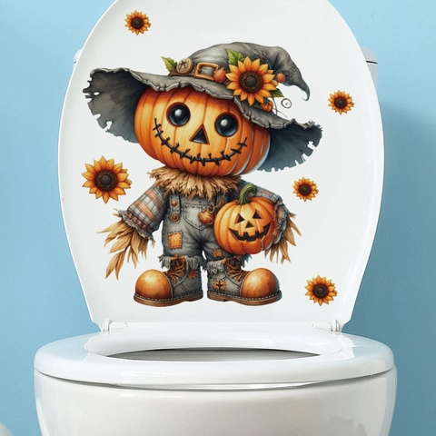 Adesivo per Coperchio del Gabinetto con Spaventapasseri di Zucca di Halloween Decalcomania da Muro in PVC Autoadesiva Rimovibile Decorazione con Girasole e Zucca per Bagno Soggiorno Casa Festa