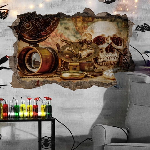 Sticker Mural 3D Halloween Effet Mur Brisé Crâne Effrayant Carte Nautique Cave Horreur Chouette Décalcomanie PVC Amovible
