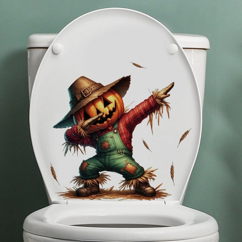 Adesivo per Coperchio del Gabinetto con Spaventapasseri di Zucca di Halloween Decalcomania da Muro in PVC Autoadesiva Rimovibile Decorazione con Girasole e Zucca per Bagno Soggiorno Casa Festa