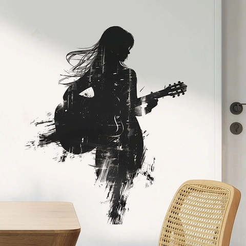 Pegatina de Pared Artística Silueta Chica Con Guitarra Calcomanía PVC Autoadhesiva Removible Para Sala de Estar Decoración