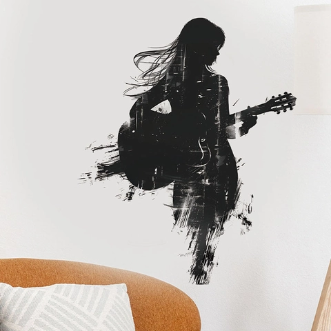 Pegatina de Pared Artística Silueta Chica Con Guitarra Calcomanía PVC Autoadhesiva Removible Para Sala de Estar Decoración