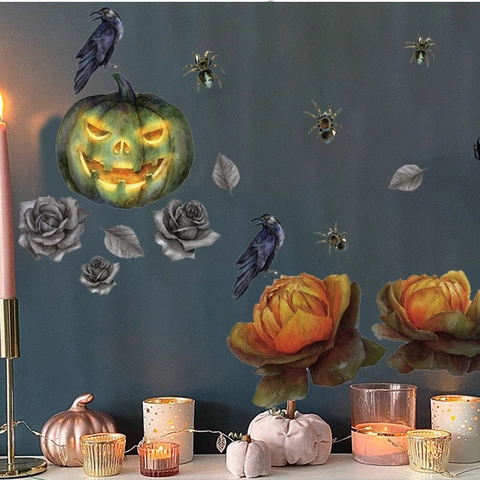Vinilo de Pared de Calabaza de Halloween PVC Removible Cuervo Araña Rosa Mural Decorativo Gótico para Dormitorio Sala de Estar