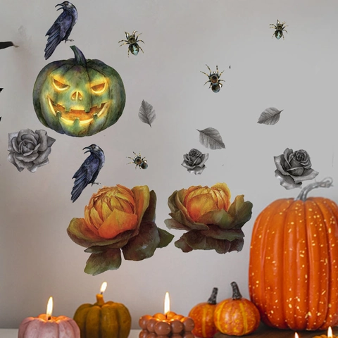 Vinilo de Pared de Calabaza de Halloween PVC Removible Cuervo Araña Rosa Mural Decorativo Gótico para Dormitorio Sala de Estar