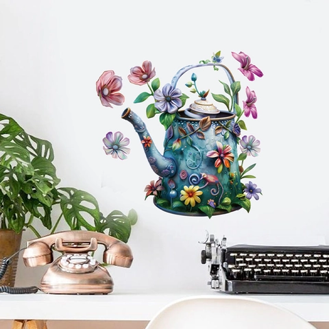 Sticker Mural Vintage Arrosoir à Fleurs Décalcomanie Auto-Adhésive en PVC pour Salon Chambre Décoration Intérieure