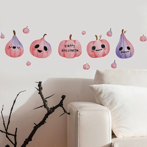 Pegatinas Pared Calabaza Halloween Acuarela Rosa Púrpura PVC Autoadhesivo Removible Calcomanías Dibujos Animados Hogar