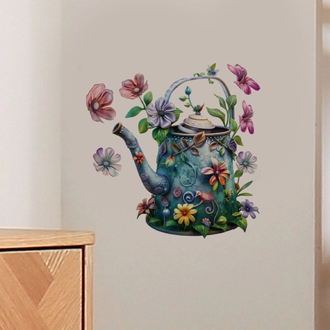 Sticker Mural Vintage Arrosoir à Fleurs Décalcomanie Auto-Adhésive en PVC pour Salon Chambre Décoration Intérieure