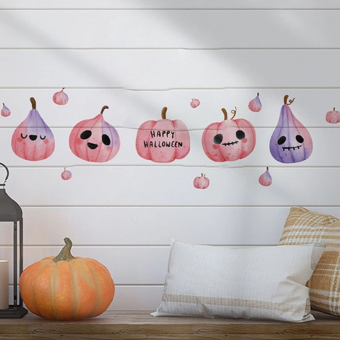 Pegatinas Pared Calabaza Halloween Acuarela Rosa Púrpura PVC Autoadhesivo Removible Calcomanías Dibujos Animados Hogar