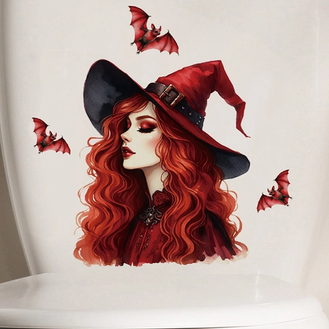 Halloween Decorative Wall Sticker Red PVC Waterproof Removable Grim Reaper Witch Mummy Tombstone Decal For Bathroom Living Room
