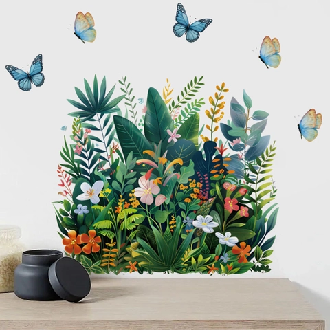 Adesivi Murali Piante Verdi Tropicali Foglie PVC Autoadesivo Rimovibile Farfalle Floreale Per Soggiorno Camera Da Letto Casa