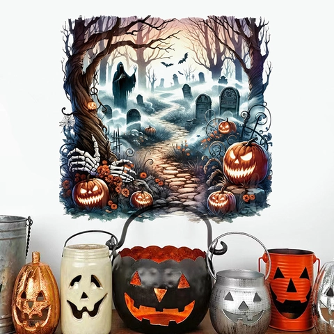 Halloween Friedhof Wandaufkleber Abnehmbarer PVC Dekorative Kürbis Geist Fledermaus Friedhofsszene Dekor Für Wohnzimmer Party