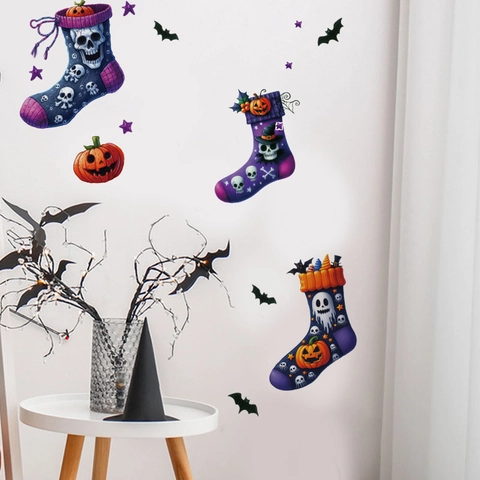 Halloween Kousen Muursticker Set PVC Verwijderbaar Zelfklevend Vleermuis Pompoen Schedel Decals Voor Woonkamer Slaapkamer Decoratie