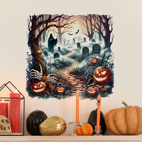 Halloween Friedhof Wandaufkleber Abnehmbarer PVC Dekorative Kürbis Geist Fledermaus Friedhofsszene Dekor Für Wohnzimmer Party
