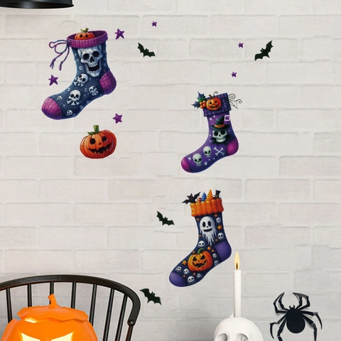 Halloween Kousen Muursticker Set PVC Verwijderbaar Zelfklevend Vleermuis Pompoen Schedel Decals Voor Woonkamer Slaapkamer Decoratie