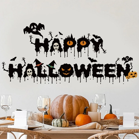 Happy Halloween Wall Stickers Removable PVC Decals With Pumpkin Ghost Bat Pattern For Living Room Bedroom Party Home Decor