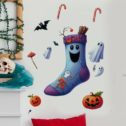 Vinilos Decorativos de Halloween con Calcetines Impresos de PVC Removibles Autoadhesivos para Decoración de Sala y Dormitorio