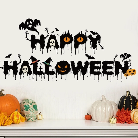 Happy Halloween Wall Stickers Removable PVC Decals With Pumpkin Ghost Bat Pattern For Living Room Bedroom Party Home Decor