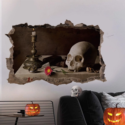 Adesivo Murale 3D Halloween Teschio Candeliere Effetto Muro Rotto Gotico Vintage PVC Decalcomania Soggiorno Camera da Letto