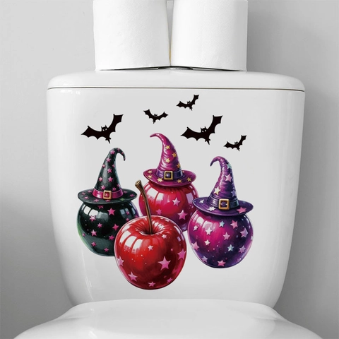 Pegatina para Asiento de Inodoro de Halloween Removible PVC Autoadhesiva Calcomanía de Pared para Decoración de Baño Diseño de Sombrero de Bruja Calabaza Murciélago Caldero de Caramelos