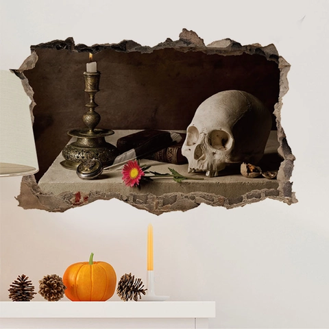 Adesivo Murale 3D Halloween Teschio Candeliere Effetto Muro Rotto Gotico Vintage PVC Decalcomania Soggiorno Camera da Letto