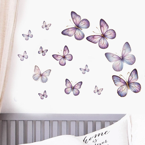 3D Schmetterling Wandaufkleber Lila Farbverlauf Gold Umriss PVC Wasserdicht Abnehmbare Dekors Für Wohnzimmer Schlafzimmer