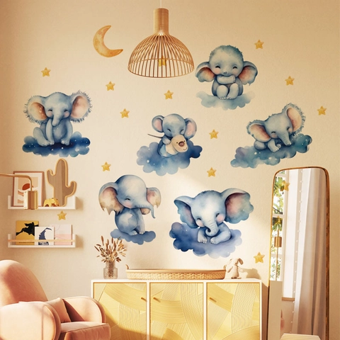 Pegatinas de Pared de Elefante Azul Acuarela Nube Luna Estrella para Dormitorio de Niños PVC Impermeable Calcomanías Decorativas