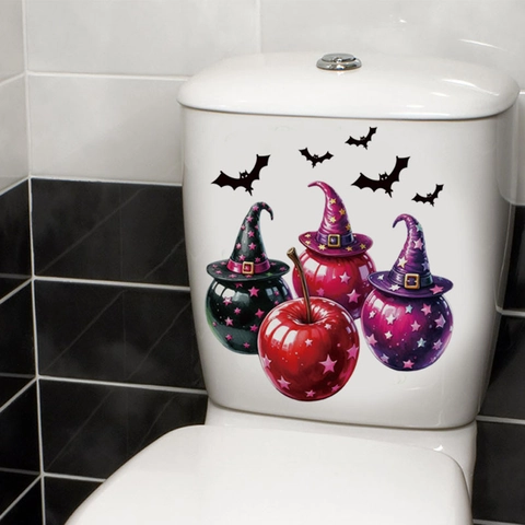 Pegatina para Asiento de Inodoro de Halloween Removible PVC Autoadhesiva Calcomanía de Pared para Decoración de Baño Diseño de Sombrero de Bruja Calabaza Murciélago Caldero de Caramelos