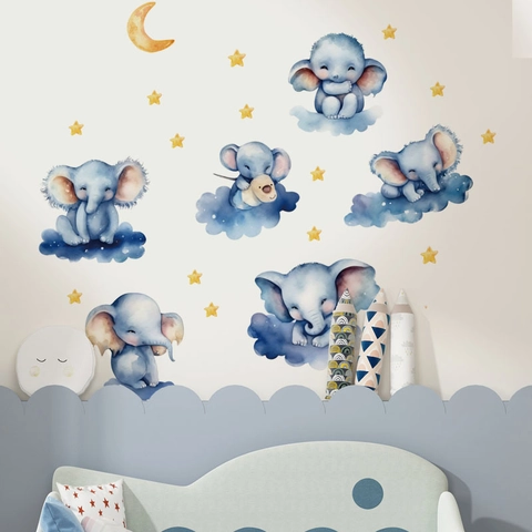 Pegatinas de Pared de Elefante Azul Acuarela Nube Luna Estrella para Dormitorio de Niños PVC Impermeable Calcomanías Decorativas