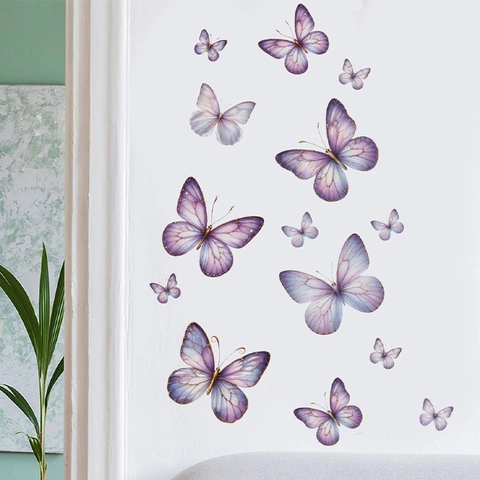 3D Schmetterling Wandaufkleber Lila Farbverlauf Gold Umriss PVC Wasserdicht Abnehmbare Dekors Für Wohnzimmer Schlafzimmer