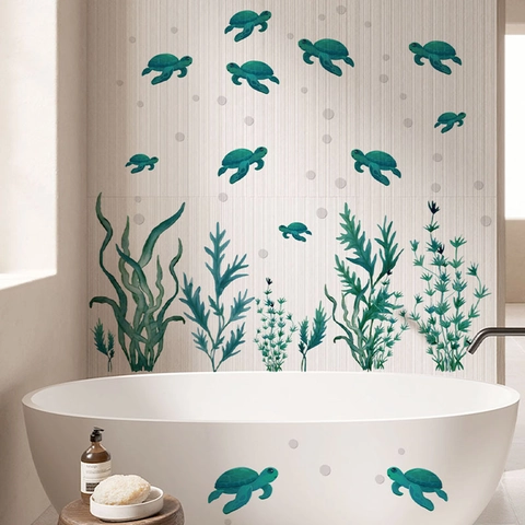 Sea Turtle Seaweed Bathroom Wall Stickers PVC Waterproof Self Adhesive Marine Life Decals For Kids Room Home Decor