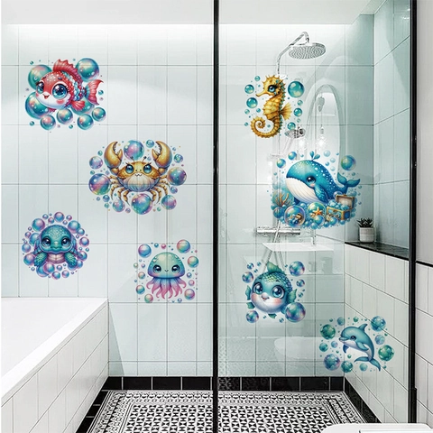 Cartoon Ocean Animal Wall Stickers For Kids Bathroom Nursery Waterproof PVC Sea Life Fish Turtle Whale Shark Bubbles Decals