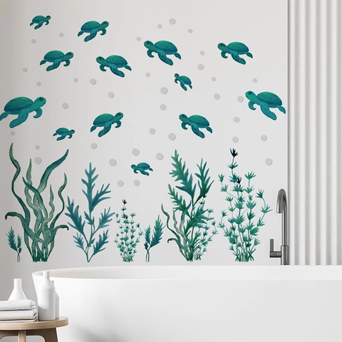 Sea Turtle Seaweed Bathroom Wall Stickers PVC Waterproof Self Adhesive Marine Life Decals For Kids Room Home Decor