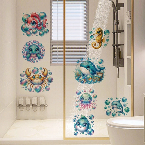 Cartoon Ocean Animal Wall Stickers For Kids Bathroom Nursery Waterproof PVC Sea Life Fish Turtle Whale Shark Bubbles Decals