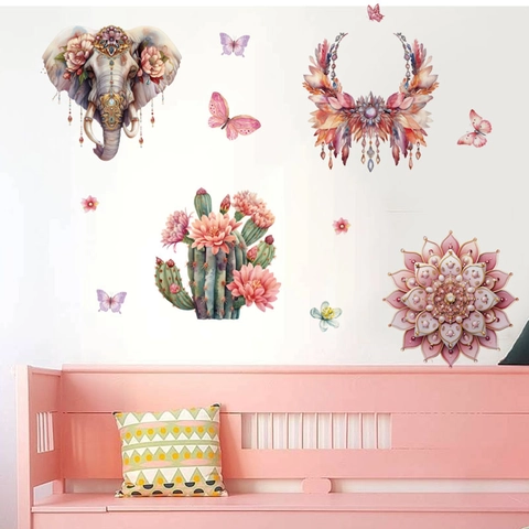 Pegatinas De Pared Boho Elefante Flor Mariposa Impermeable PVC DIY Calcomanía Para Sala De Estar Dormitorio Decoración Casa