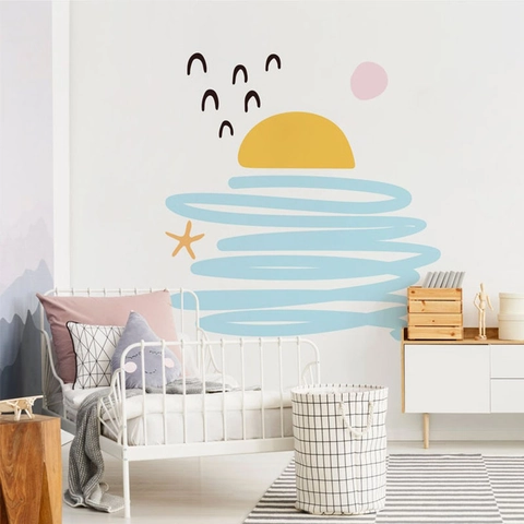 Moderno Astratto Sole Onde Gabbiani Adesivo da Parete Impermeabile PVC Autoadesivo Decalcomania per Camera Bambini Arredo