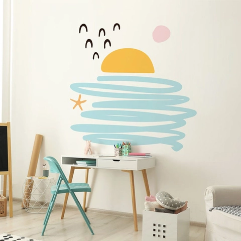 Moderno Astratto Sole Onde Gabbiani Adesivo da Parete Impermeabile PVC Autoadesivo Decalcomania per Camera Bambini Arredo