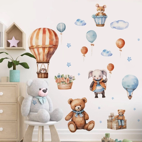 Stickers Muraux Aquarelle Dessin Animé Ours Lapin Montgolfière Nuages Étoiles Décor pour Chambre d'Enfant Crèche PVC Auto-adhésif