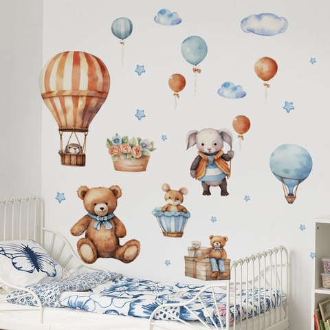 Stickers Muraux Aquarelle Dessin Animé Ours Lapin Montgolfière Nuages Étoiles Décor pour Chambre d'Enfant Crèche PVC Auto-adhésif