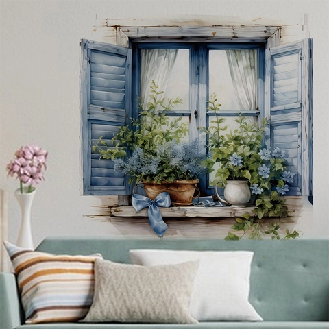 3D Window View Wall Sticker Blue Vintage Shutters Potted Plant Flowers Butterfly Bow Waterproof PVC Self Adhesive Home Mural