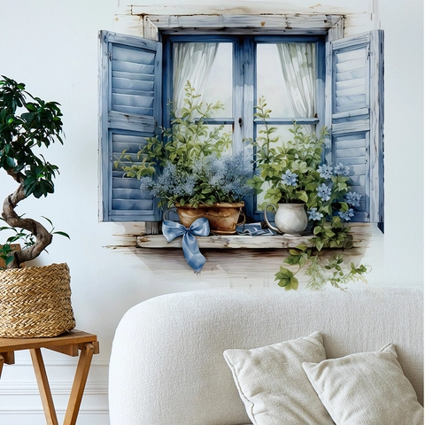 3D Window View Wall Sticker Blue Vintage Shutters Potted Plant Flowers Butterfly Bow Waterproof PVC Self Adhesive Home Mural
