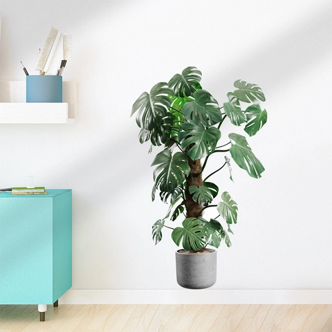 3D Realistic Monstera Deliciosa Potted Plant Wall Sticker Waterproof PVC Green Leaf Decal For Living Room Bedroom Home Decor