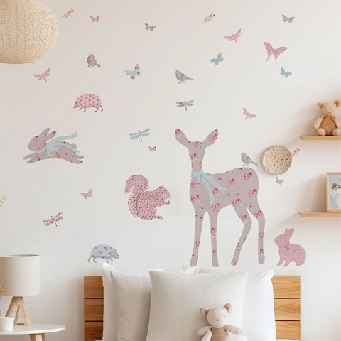 Roze Bloemen Cartoon Bosdieren Muurstickers PVC Waterdicht Hert Konijn Muurstickers Voor Kinderkamer Slaapkamer Huisdecoratie