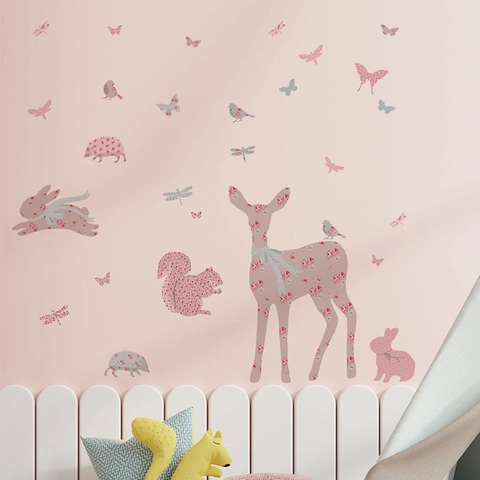 Roze Bloemen Cartoon Bosdieren Muurstickers PVC Waterdicht Hert Konijn Muurstickers Voor Kinderkamer Slaapkamer Huisdecoratie