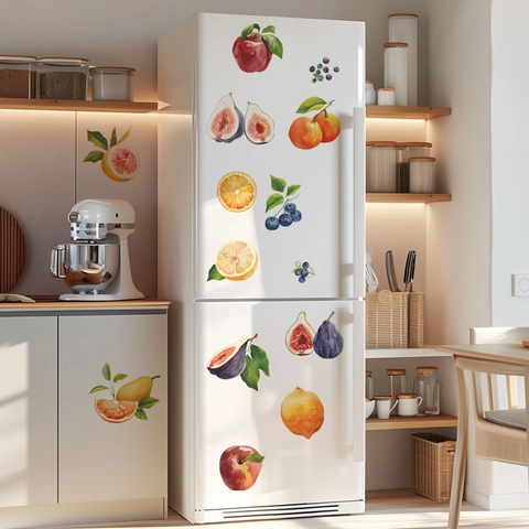 Removable Watercolor Fruit Fridge Stickers PVC Wall Decals For Kitchen Dining Room Waterproof Cabinet Fruit Decoration
