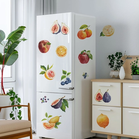 Removable Watercolor Fruit Fridge Stickers PVC Wall Decals For Kitchen Dining Room Waterproof Cabinet Fruit Decoration